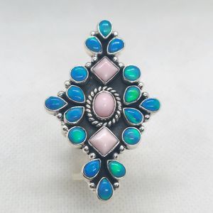 Sterling‎ silver 925 pink and blue opal statement ring adjustable